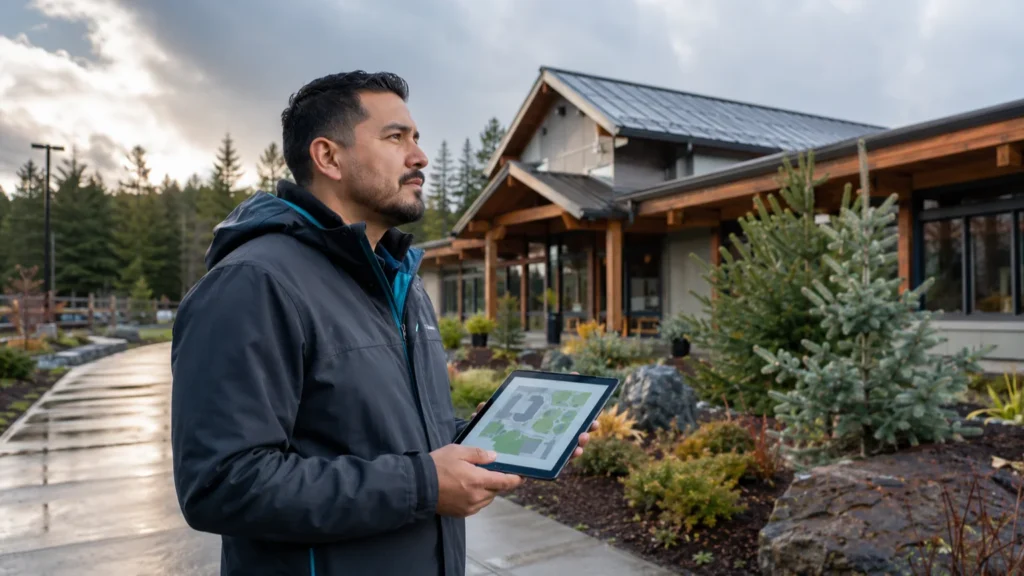 Adult nonprofit leader assessing a Pacific Northwest community property with a tablet for the Believe in Me committee chair opportunity.