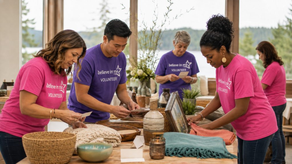 Adult golf-event volunteers in purple and hot-pink Believe in Me shirts prepare sponsor and auction materials.