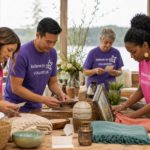 Adult golf-event volunteers in purple and hot-pink Believe in Me shirts prepare sponsor and auction materials.