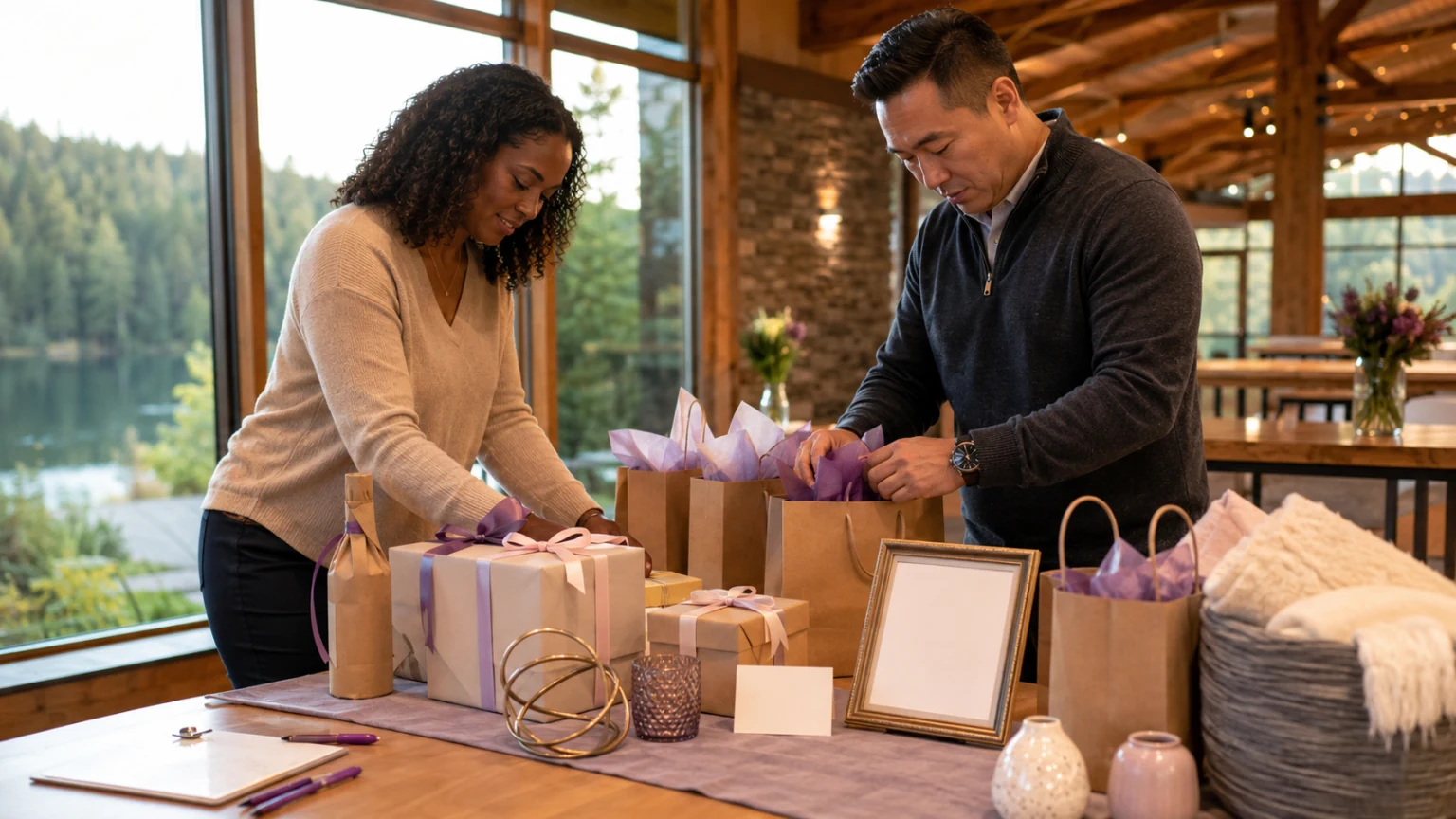 Two adults preparing donor thank-you packages and auction items for the Believe in Me Sponsorship, Auction and Donor Stewardship opportunity.