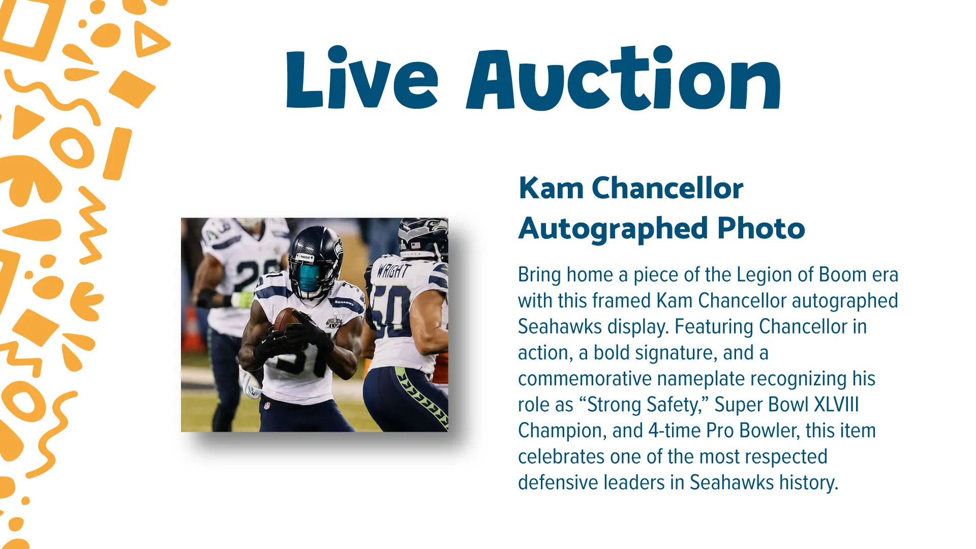 Kam Chancellor autographed photo auction package