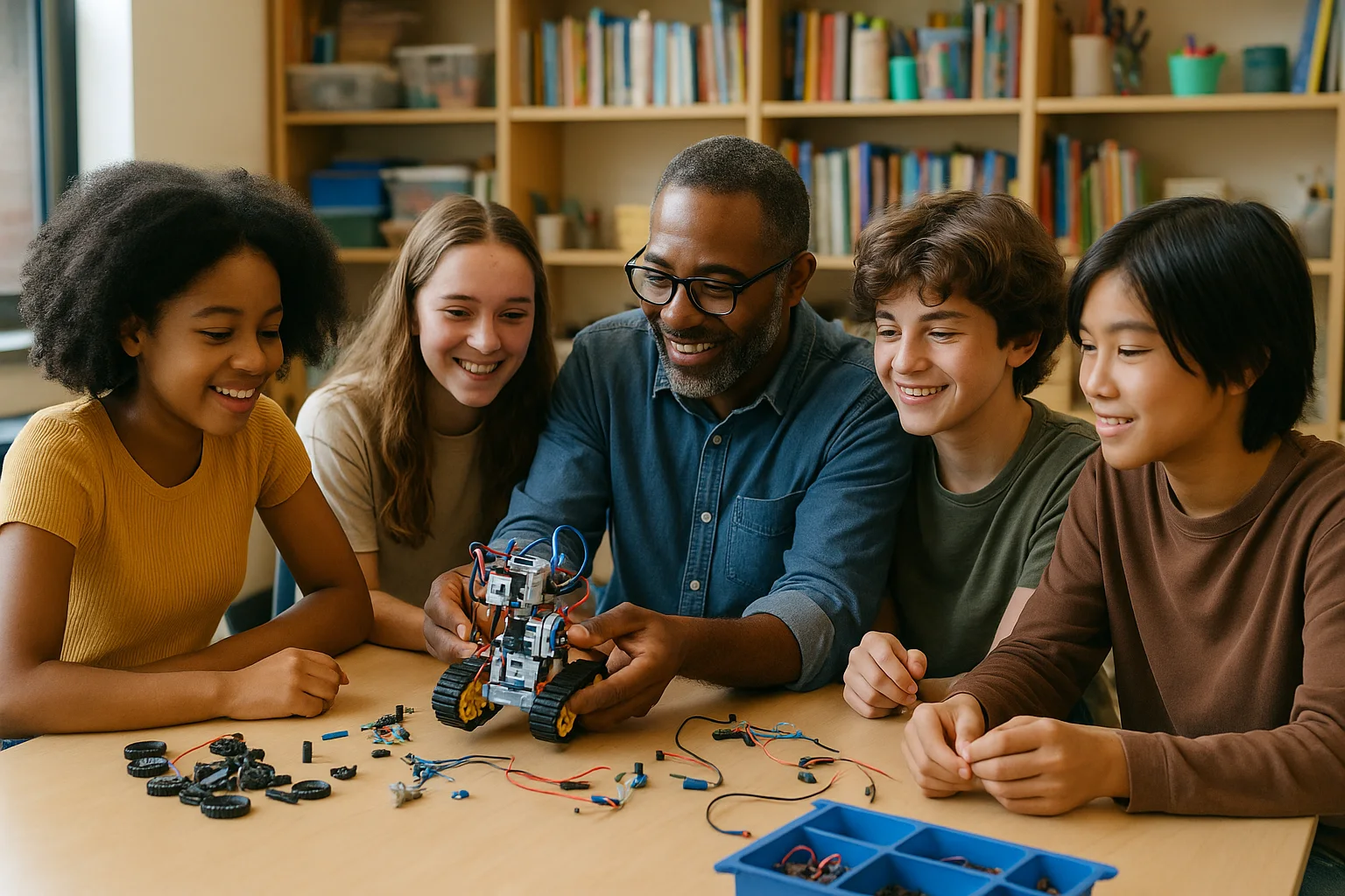 Teens and a mentor building a small robot in a welcoming learning space, representing education and enrichment for youth.