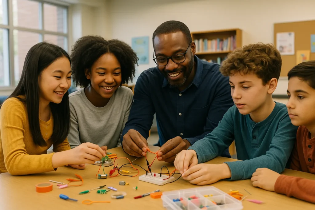 A caring adult mentor guiding a small group of young people through a hands-on STEM activity at a community center table.