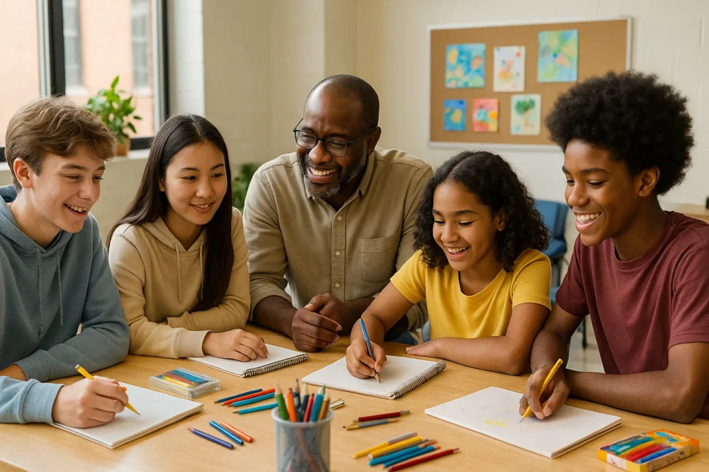 Diverse teens and a mentor collaborating at a community table with learning and art materials, representing youth empowerment and belonging.