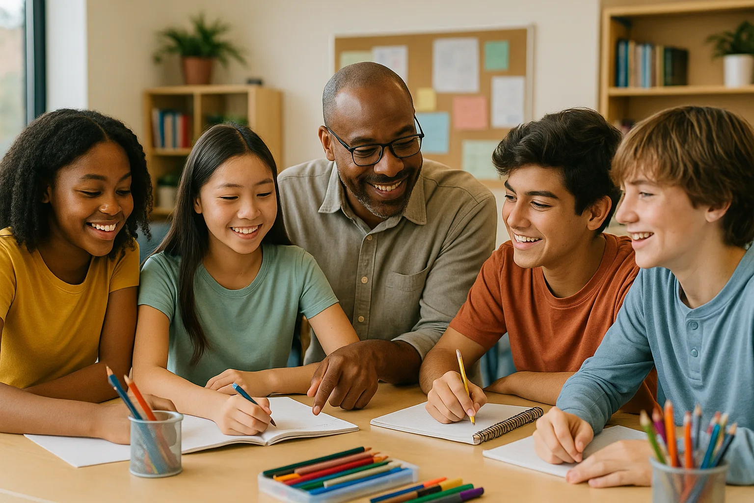 Diverse young people working together with a supportive adult in a community learning space, suggesting the Education and Community Support pillars.
