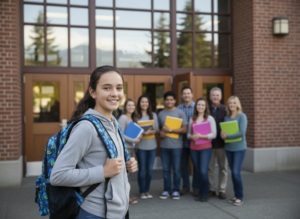 A student with a backpack smiling near a school entrance with supportive adults in the background