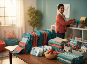 Photorealistic youth support supplies in a welcoming community space with warm natural light.