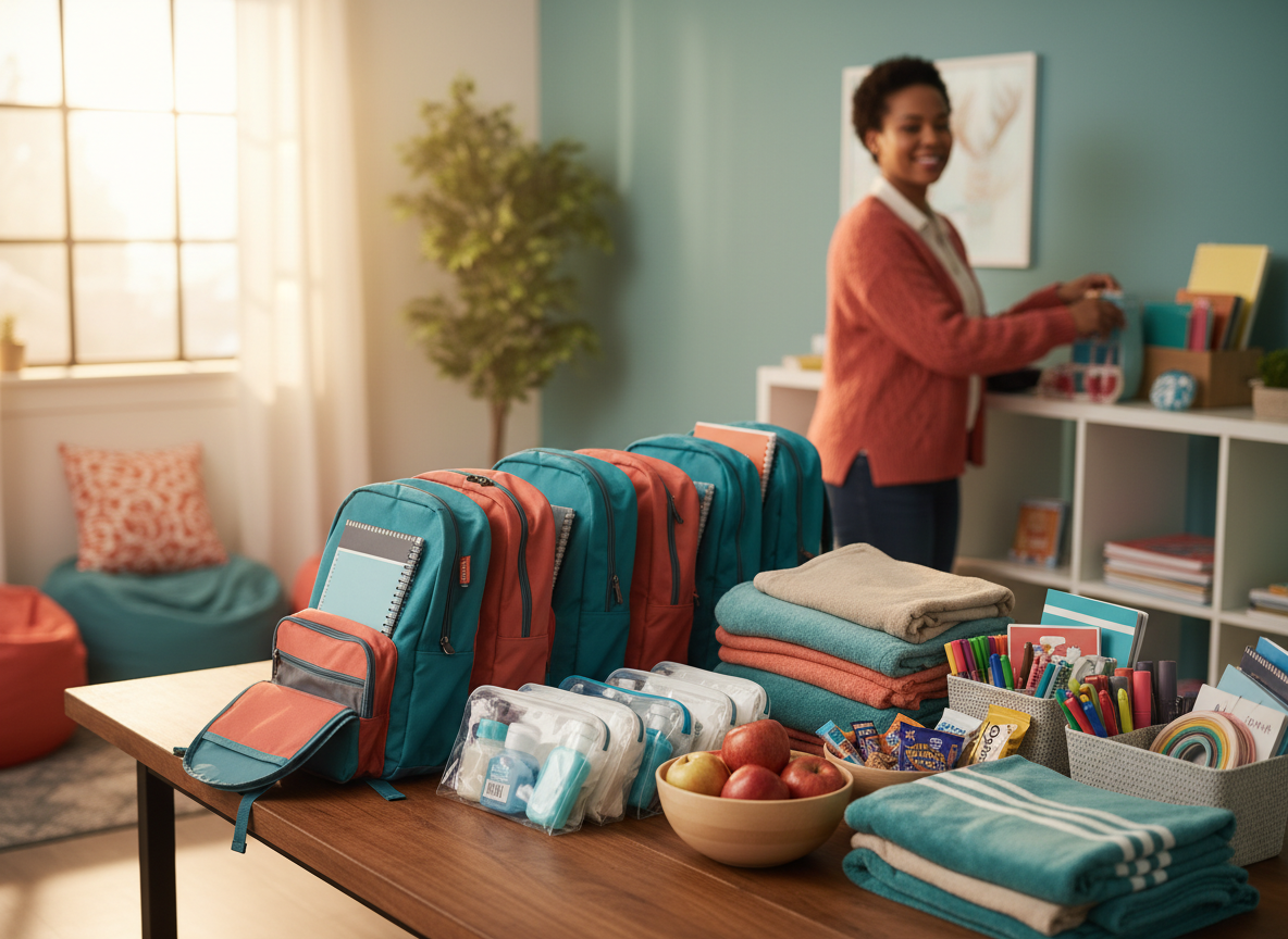 Photorealistic youth support supplies in a welcoming community space with warm natural light.