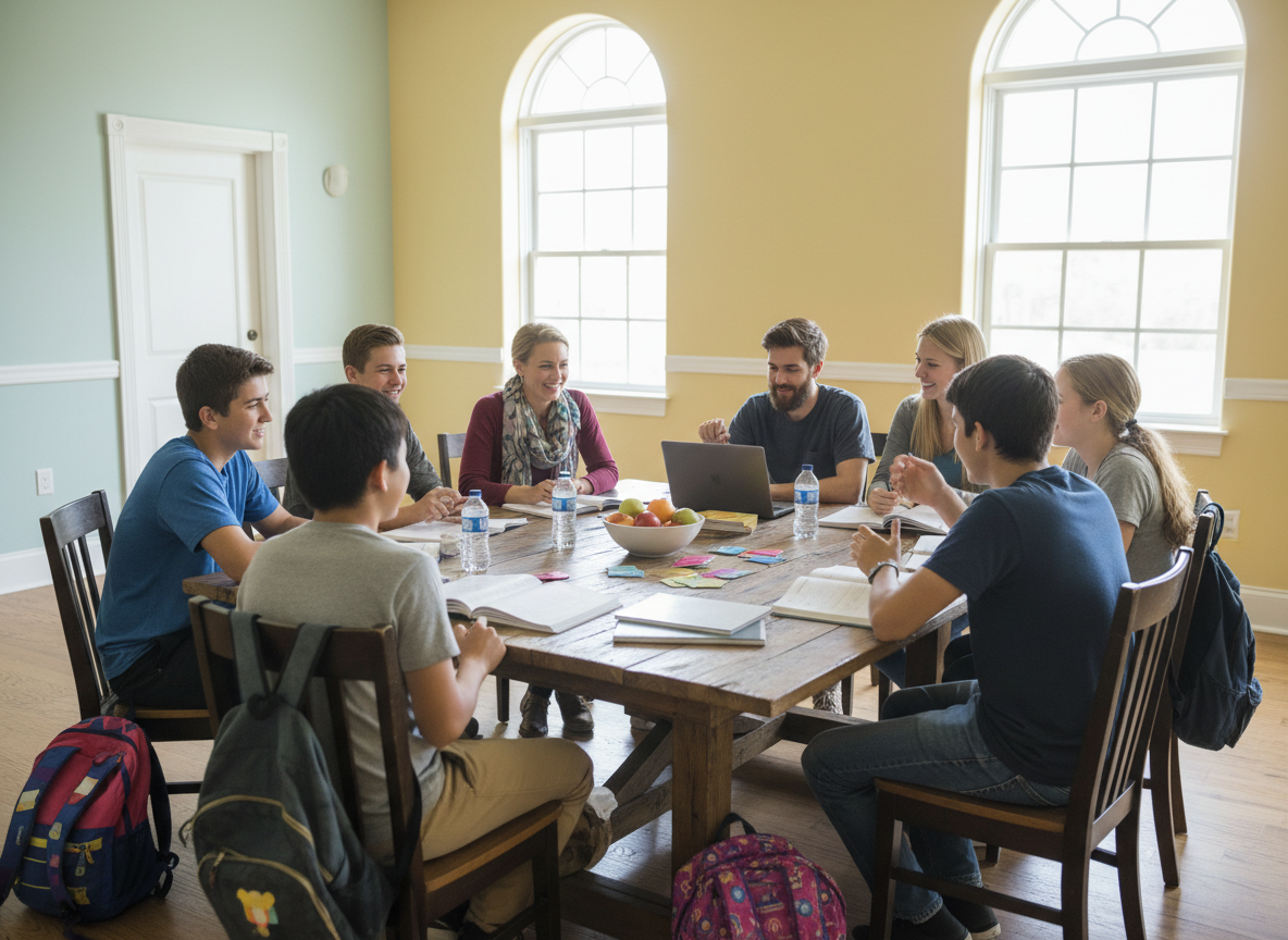A photorealistic group of diverse teens and supportive adults reviewing school supplies in a warm community room.