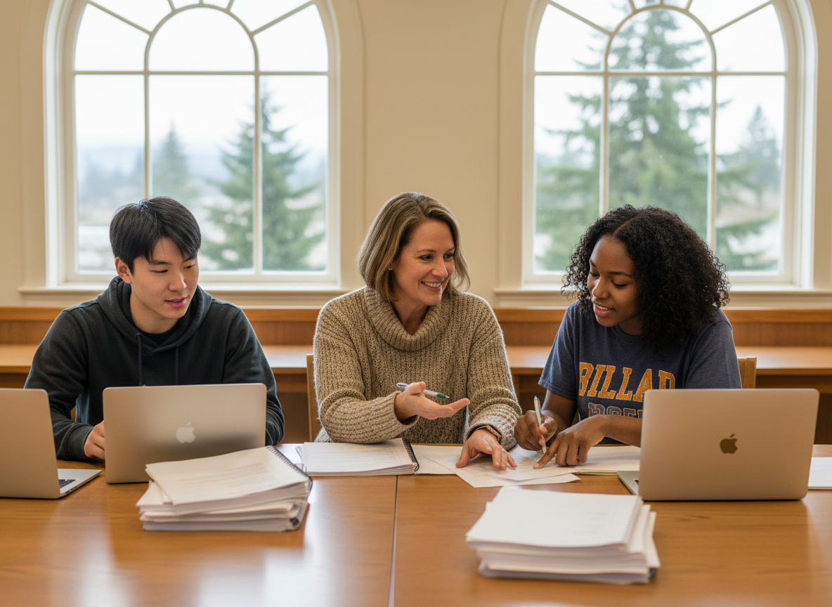 A volunteer and two college-bound students reviewing scholarship paperwork together at a library table.