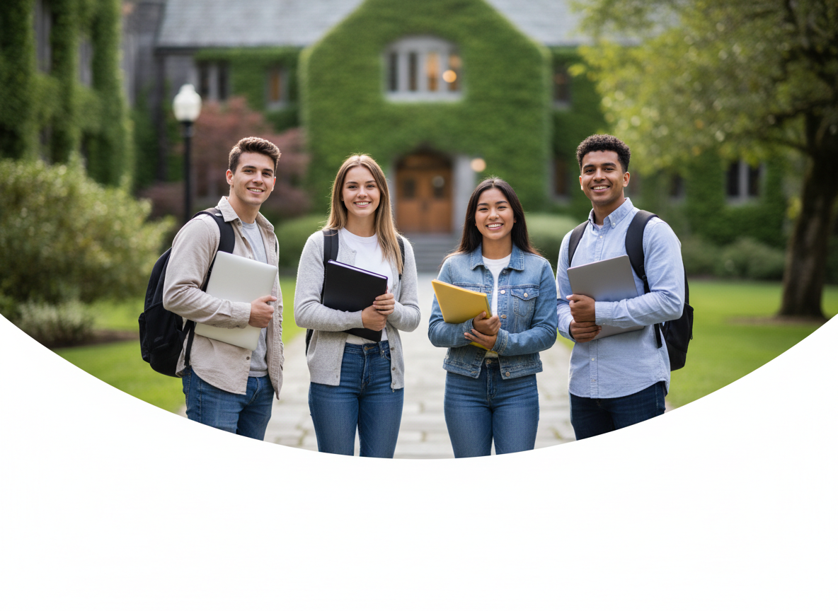 Four college-bound young adults walking together on a campus path with folders and laptops.