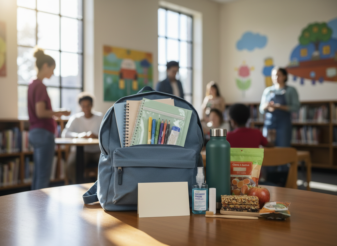 A back-to-school care package with school supplies, hygiene items, and a backpack on a bright table
