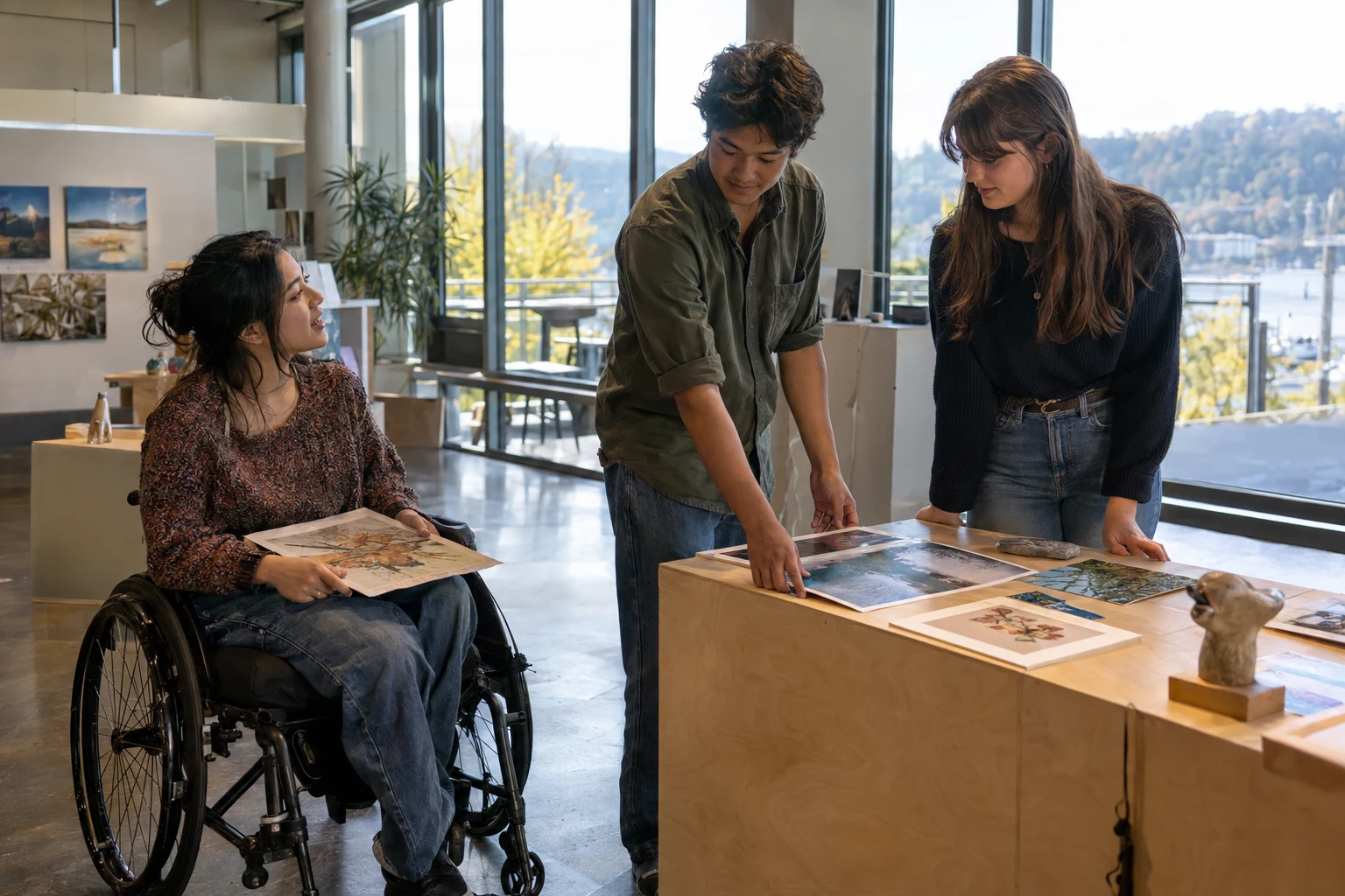 Three young adults, including a wheelchair user, arranging photographs and artwork in a community center.