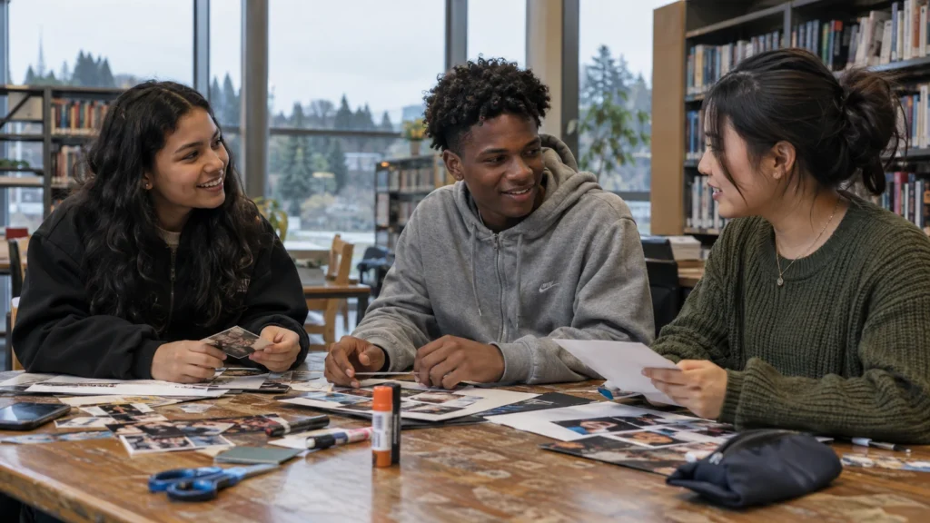 Three teenagers sharing personal photo collages at a library table.