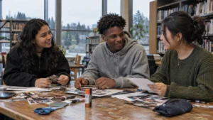 Three teenagers sharing personal photo collages at a library table.