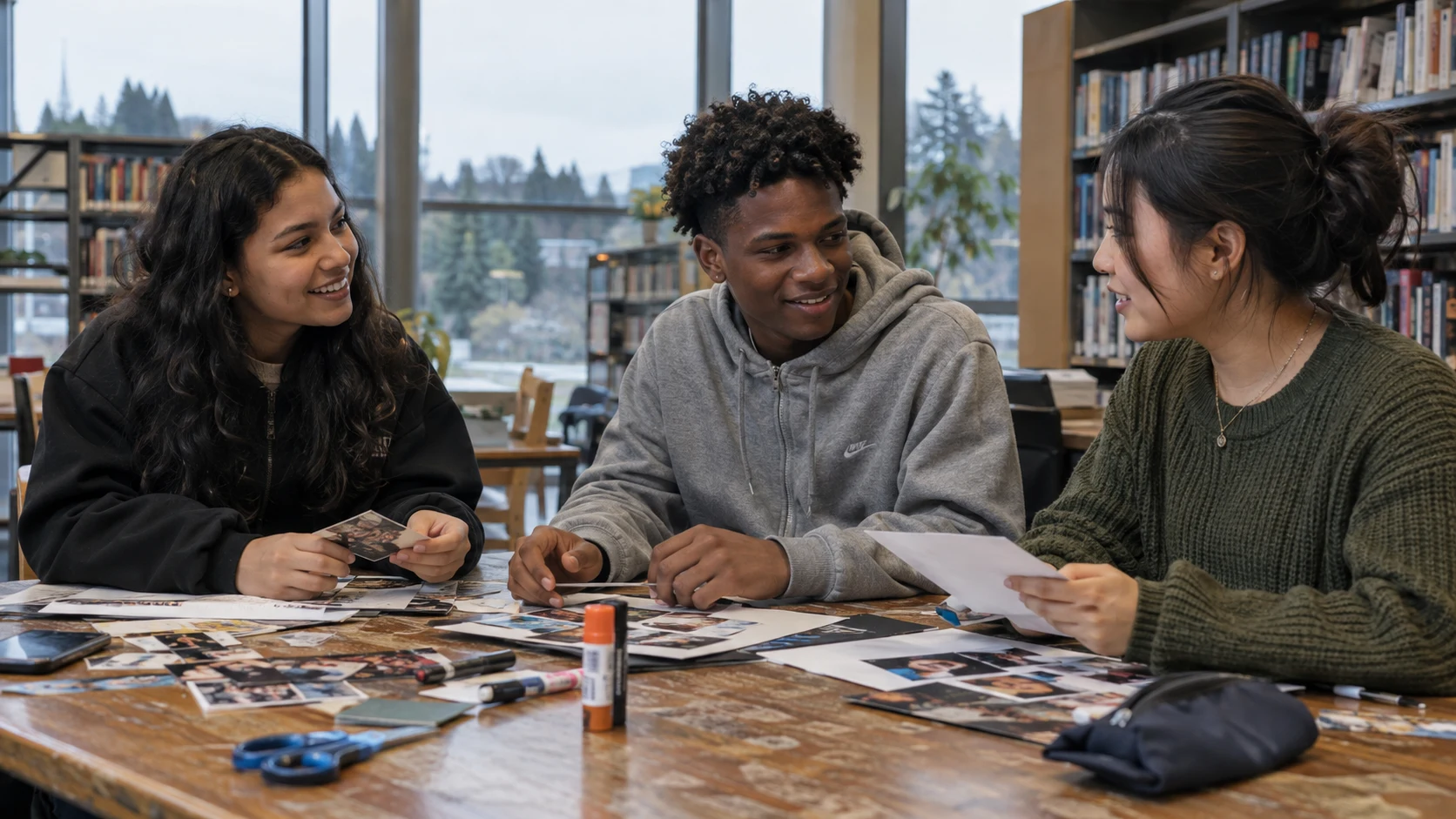 Three teenagers sharing personal photo collages at a library table.