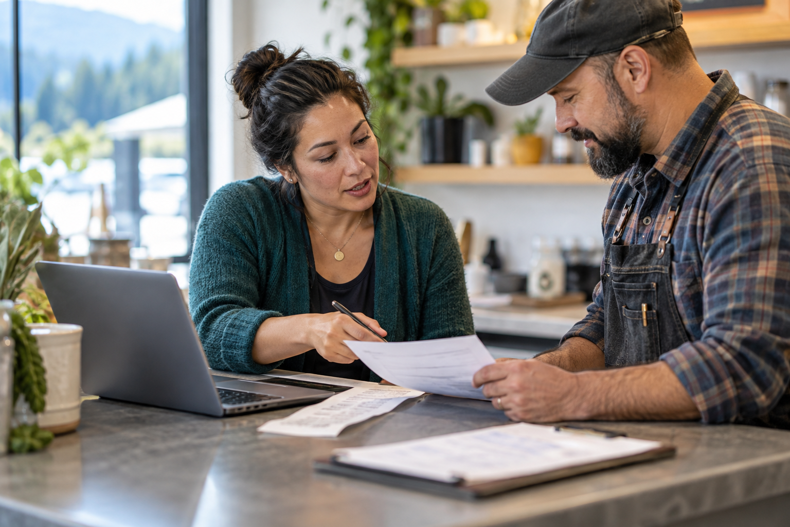 A nonprofit staff member and local provider reviewing a payment record together.