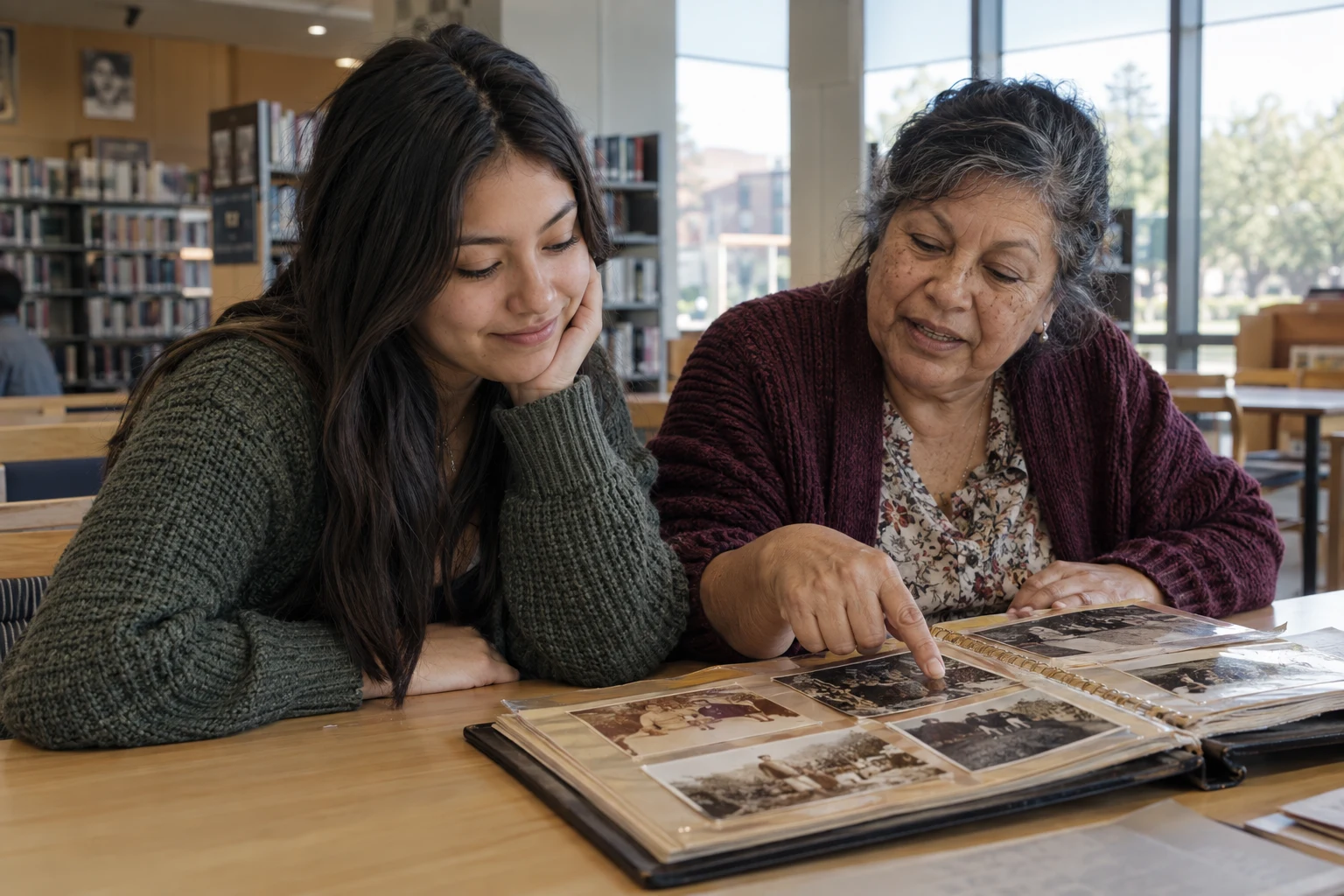 A teenage girl and an older woman looking through a family photo album in a public library.