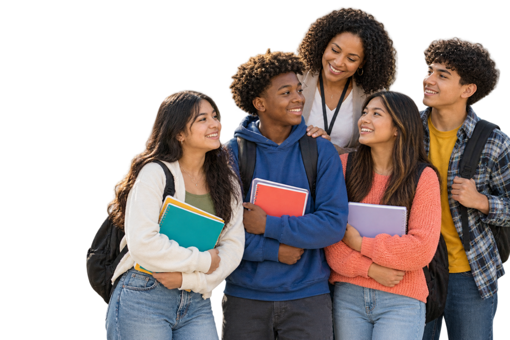 Diverse students with backpacks and notebooks standing with a supportive adult mentor for a school year readiness article