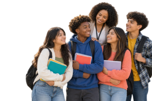 Diverse students with backpacks and notebooks standing with a supportive adult mentor for a school year readiness article