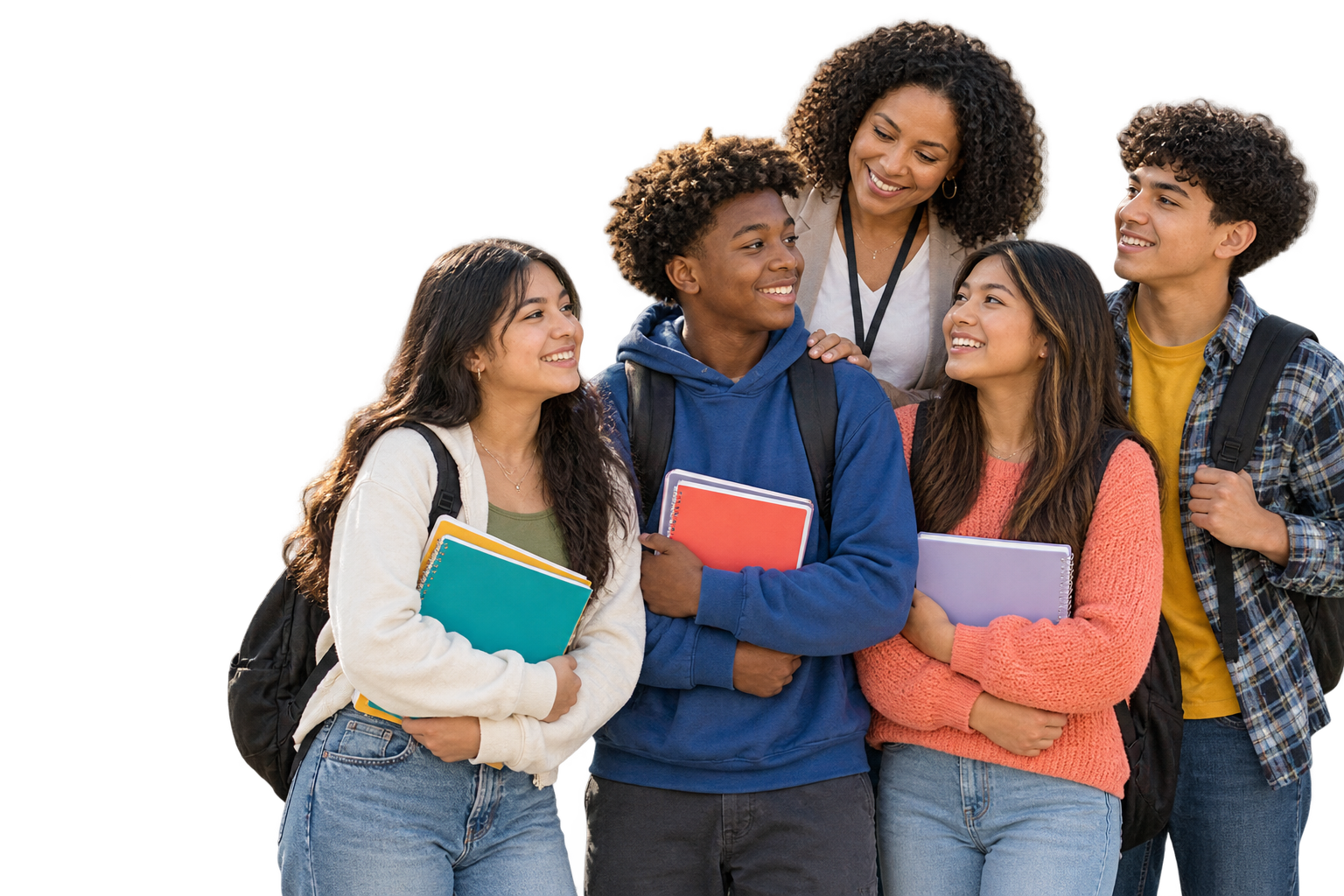 Diverse students with backpacks and notebooks standing with a supportive adult mentor for a school year readiness article