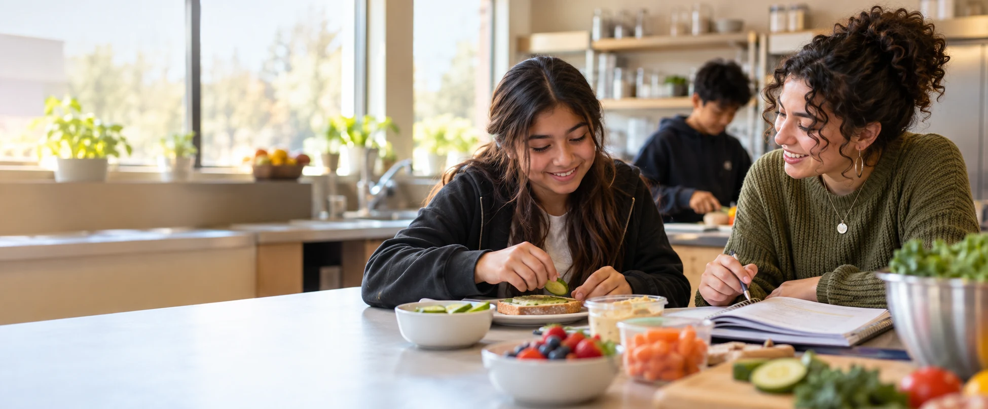 Food insecurity and education: student and mentor prepare a snack while discussing schoolwork.
