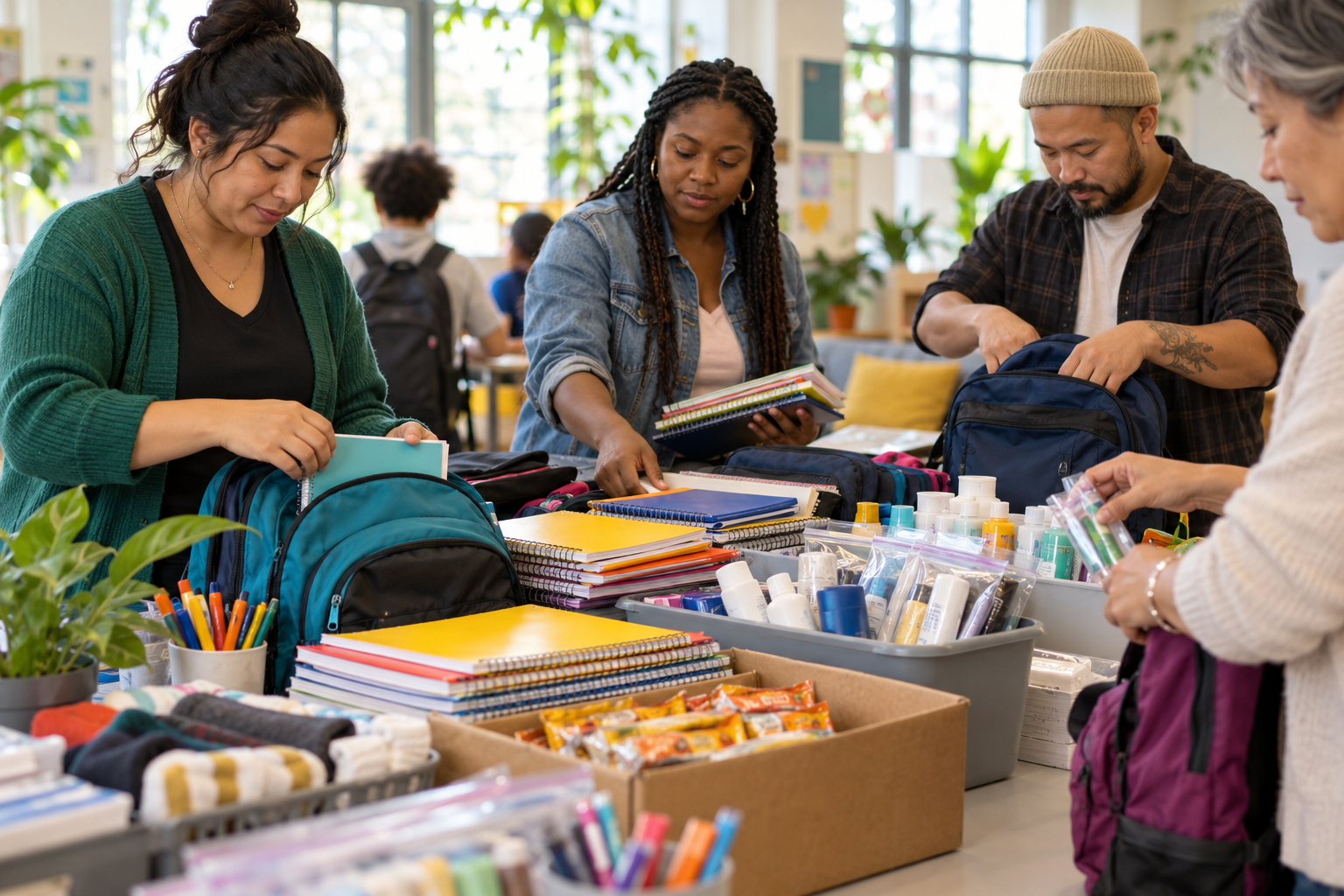 Volunteers organizing backpacks, supplies, and hygiene items for school year support