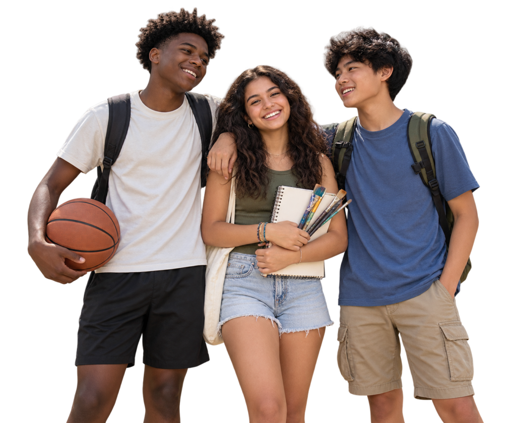 Three teens representing sports, arts, and summer enrichment activities.