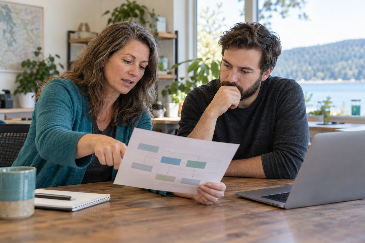 Two adults reviewing a project workflow beside a laptop.