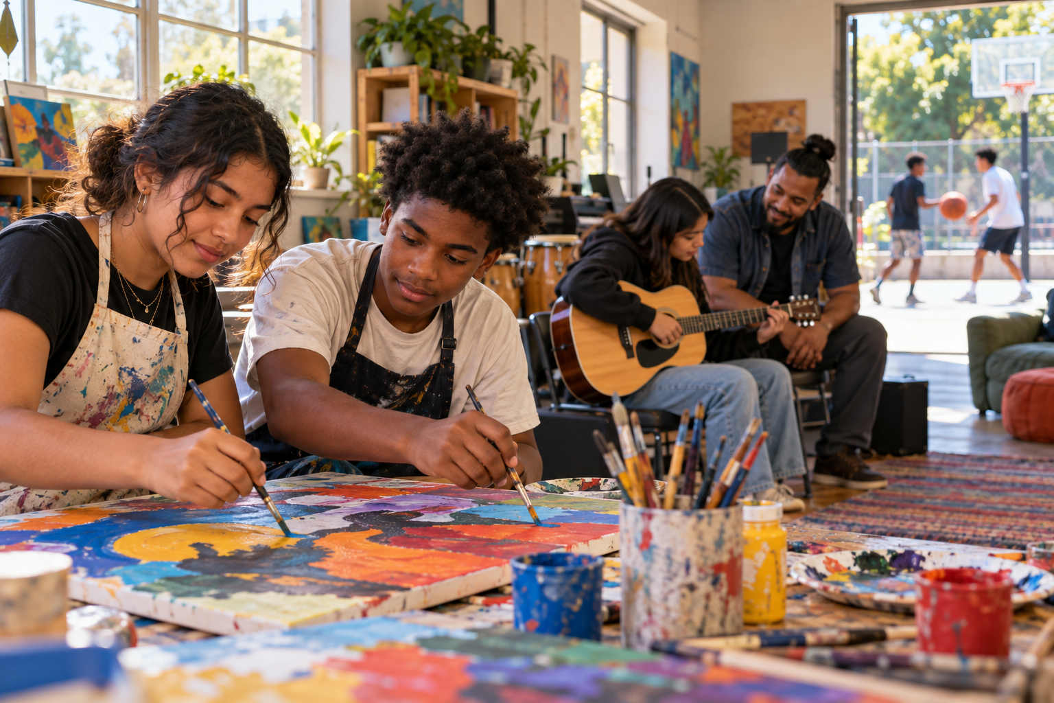 Teens painting, playing music, and practicing basketball in a summer program.