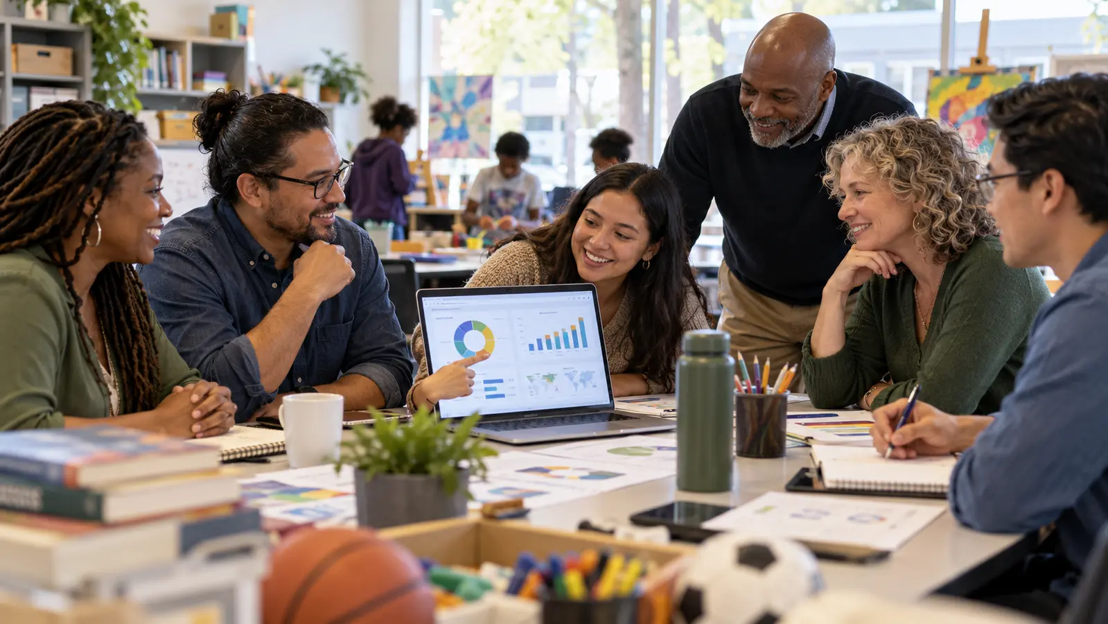 Community partners review a donation transparency dashboard for youth enrichment programs.