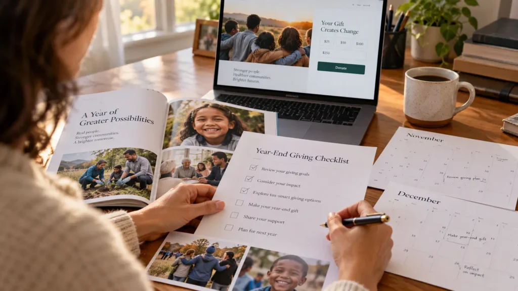 A donor reviews a year-end giving checklist, nonprofit impact report, and online donation page.