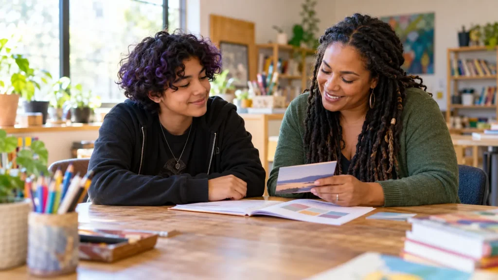 Mental health community support mentor and teen review a youth wellbeing resource in a community center.