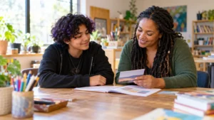 Mental health community support mentor and teen review a youth wellbeing resource in a community center.