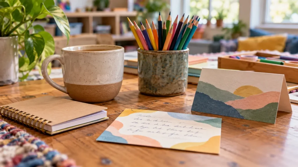 Mental health community support resources, colored pencils, notebook, and calm youth wellbeing card on a table.