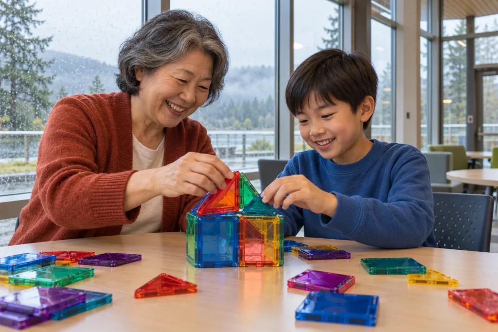 A grandmother and grandson build with magnetic tiles at a public recreation center, enjoying affordable family activities.