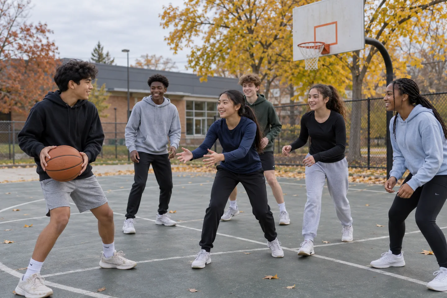 Six smiling young people play basketball together on an outdoor community court in autumn.