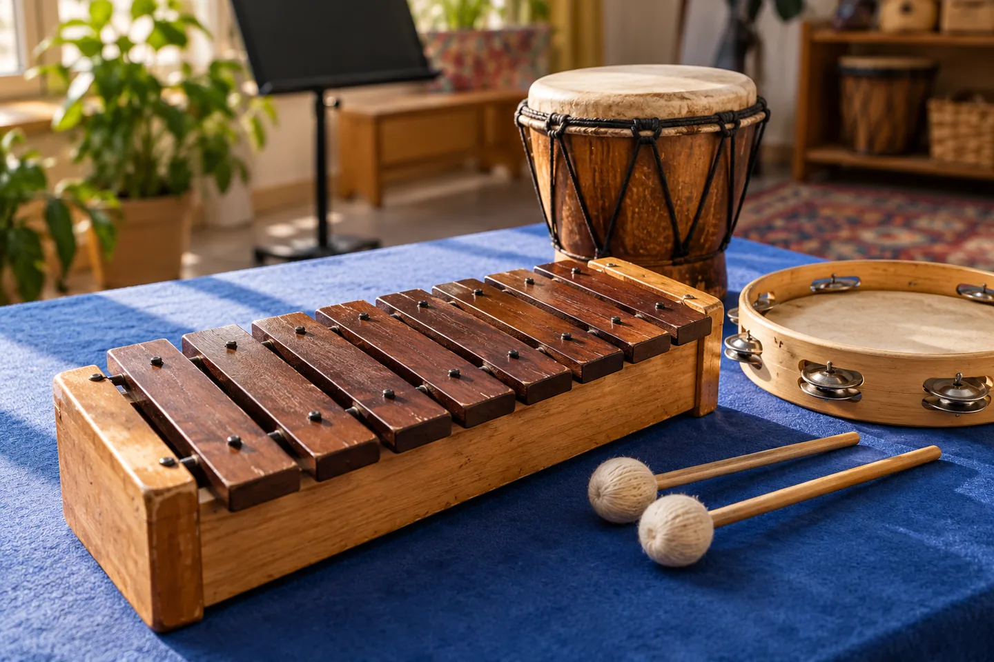 A wooden xylophone, two mallets, a tambourine, and a hand drum on a blue tabletop with no people.