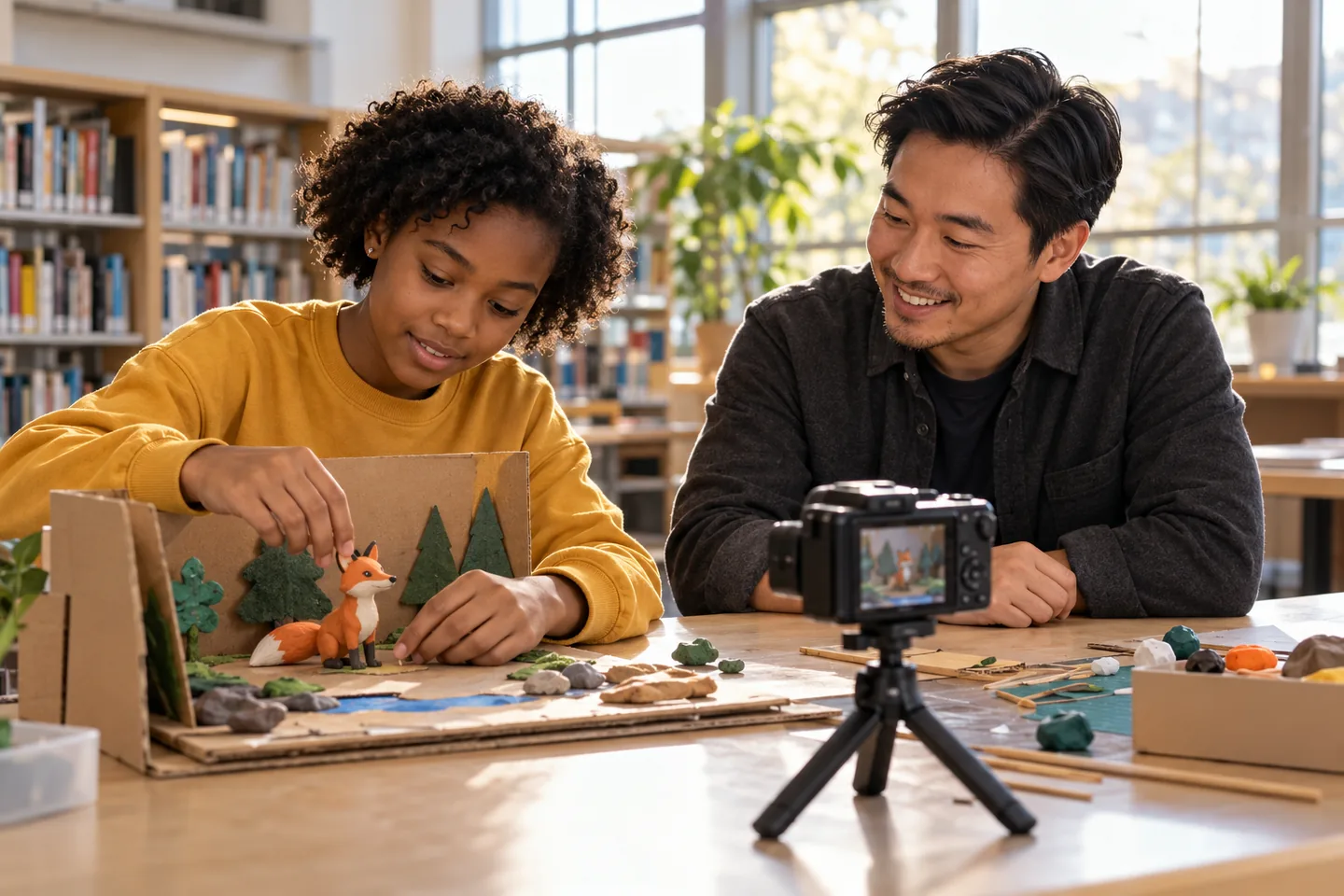 A teen and an adult create a clay stop-motion scene, illustrating creative learning in after-school programs.