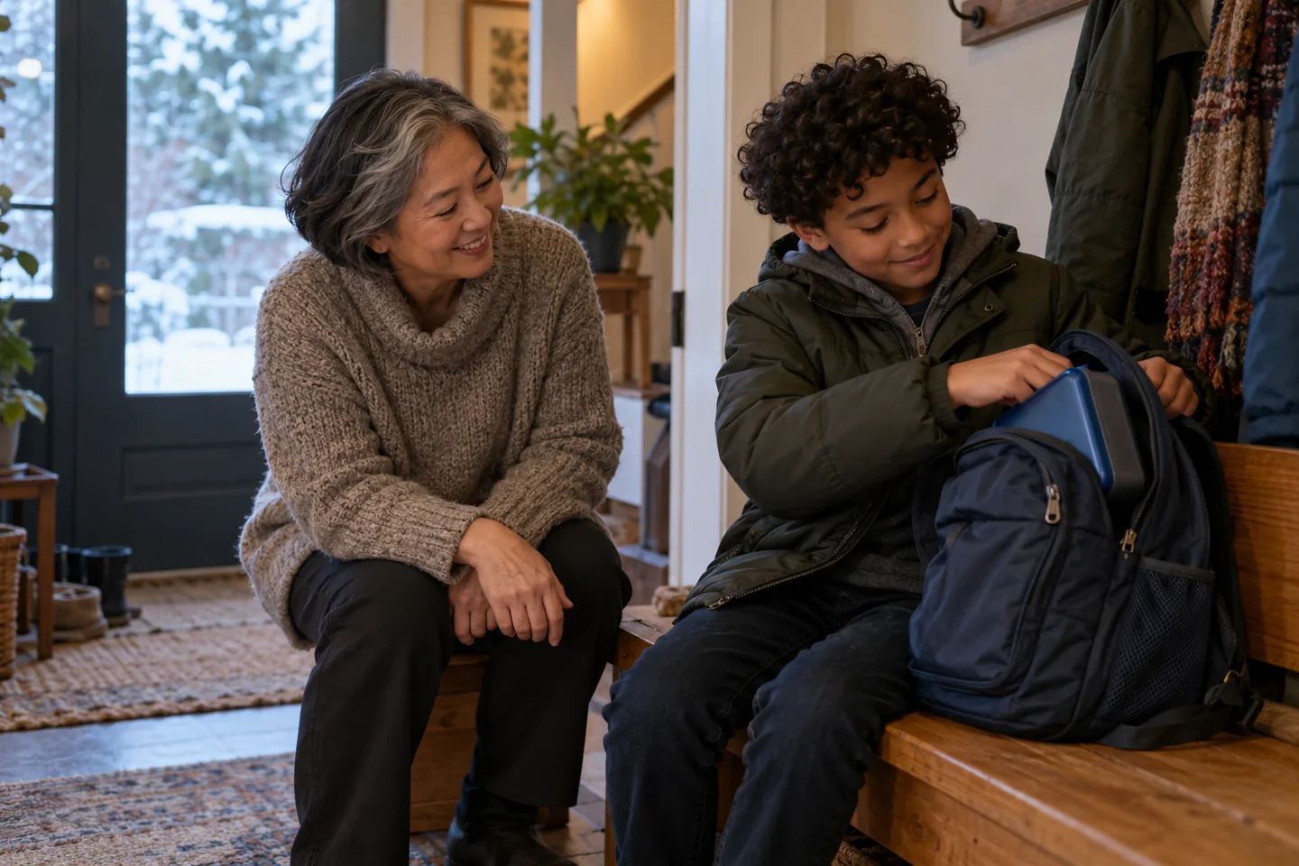 A caregiver and child pack a backpack before going back to school after winter break.