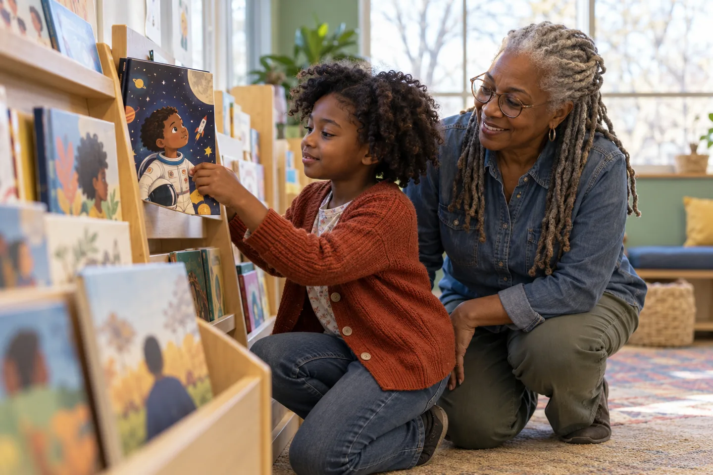A Black child and her grandmother choose from books for Black children on a low reading-room shelf.