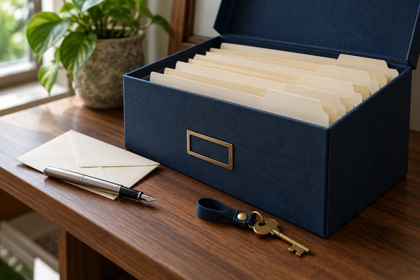 An archival box of blank folders, a sealed envelope, a fountain pen, and a brass key on a wooden surface.