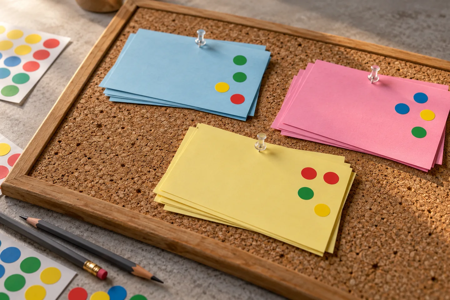 Colored idea cards and dot stickers on a corkboard, with two pencils and no people.