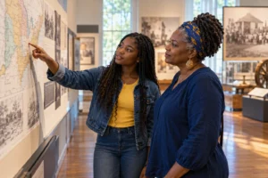 A young person and an adult explore a history exhibit, illustrating Juneteenth youth empowerment.