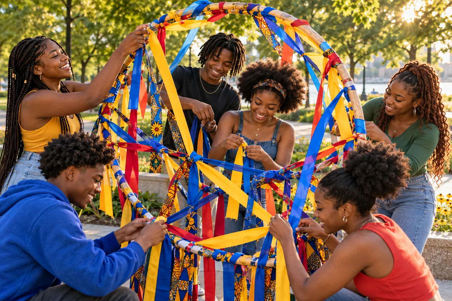 Six smiling young people weave colorful ribbons into a community art project in a public park.
