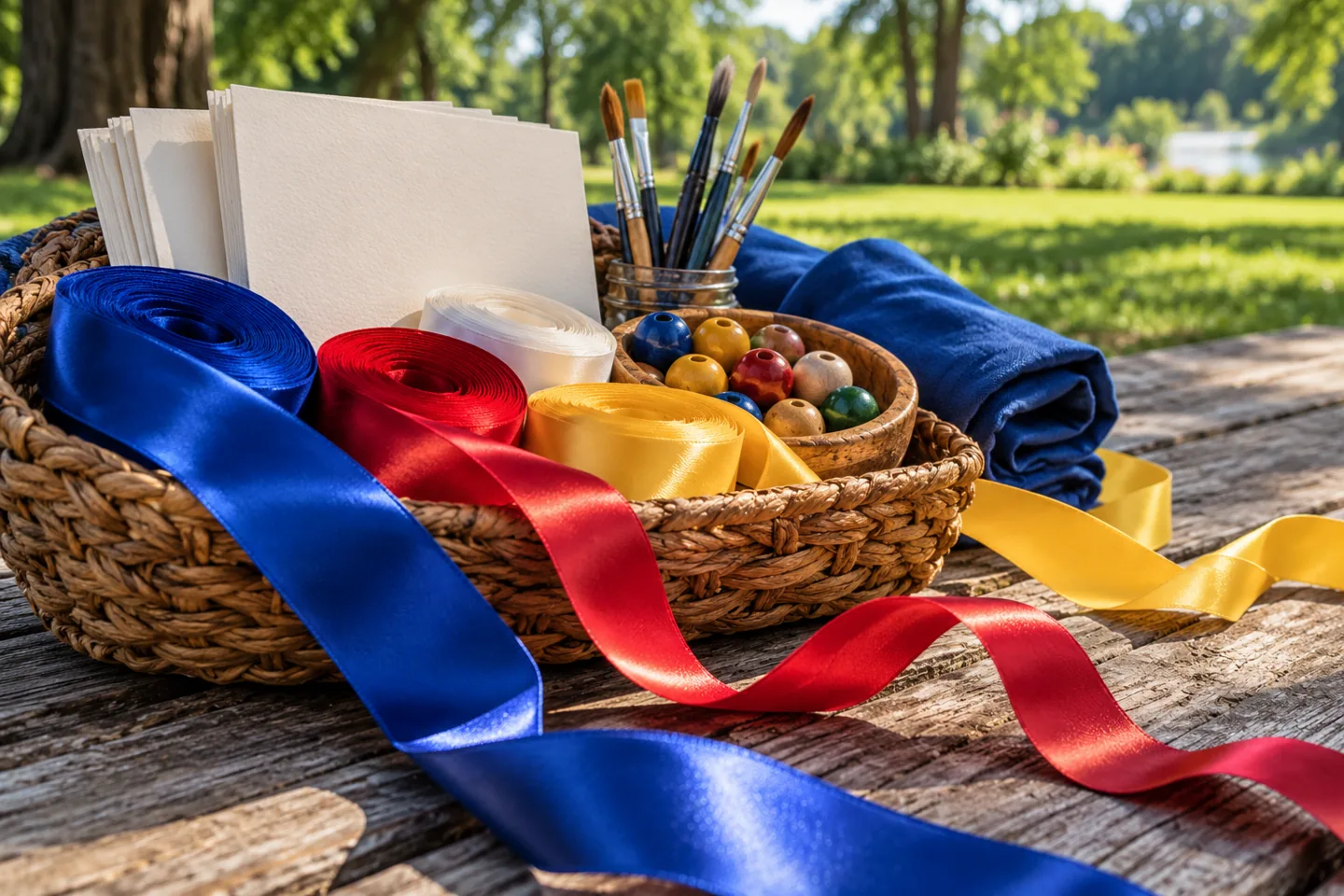 Ribbons, blank art cards, beads, and paintbrushes in a basket on a picnic table, with no people.