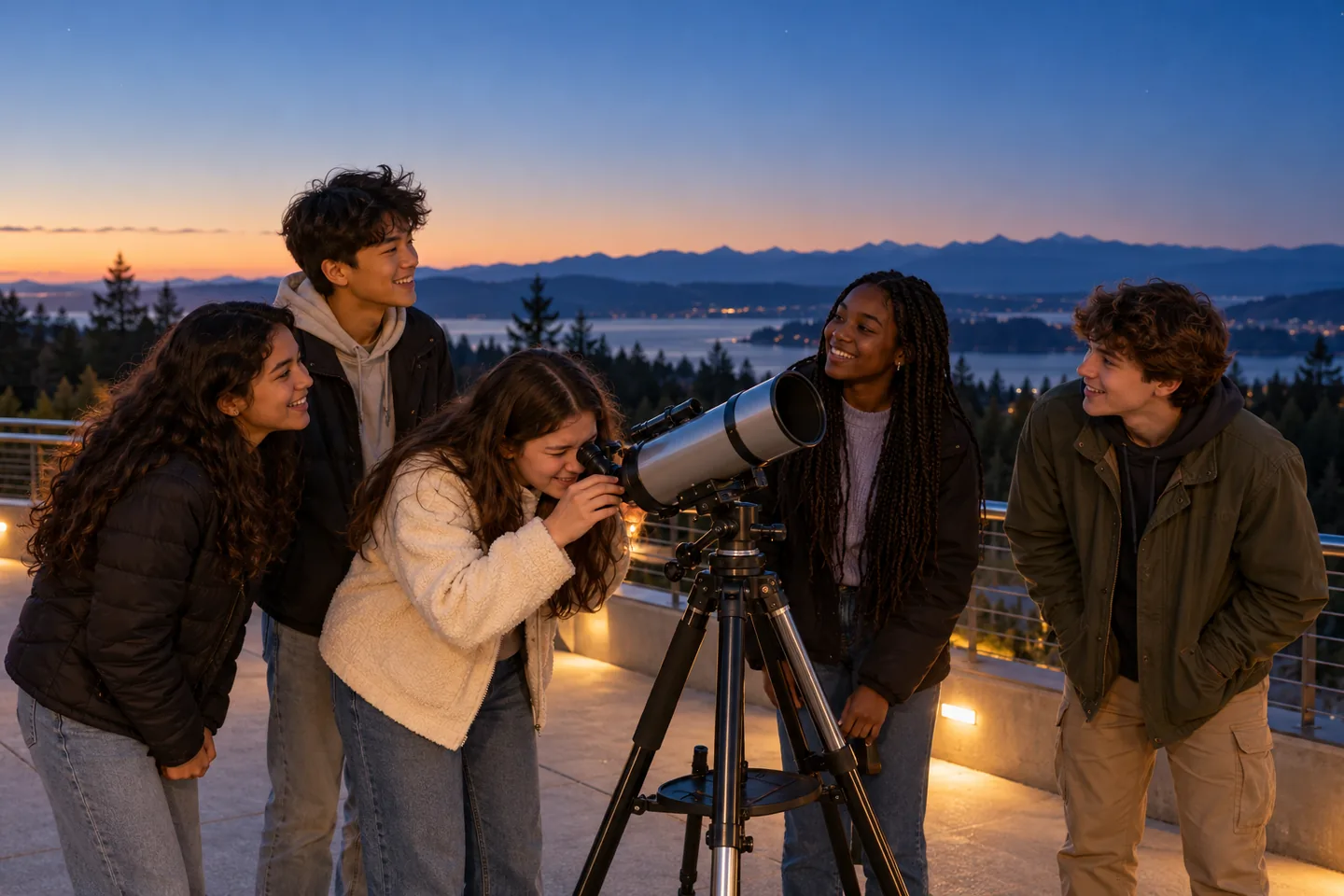 Five smiling young people explore a telescope together on an outdoor observatory terrace at dusk.
