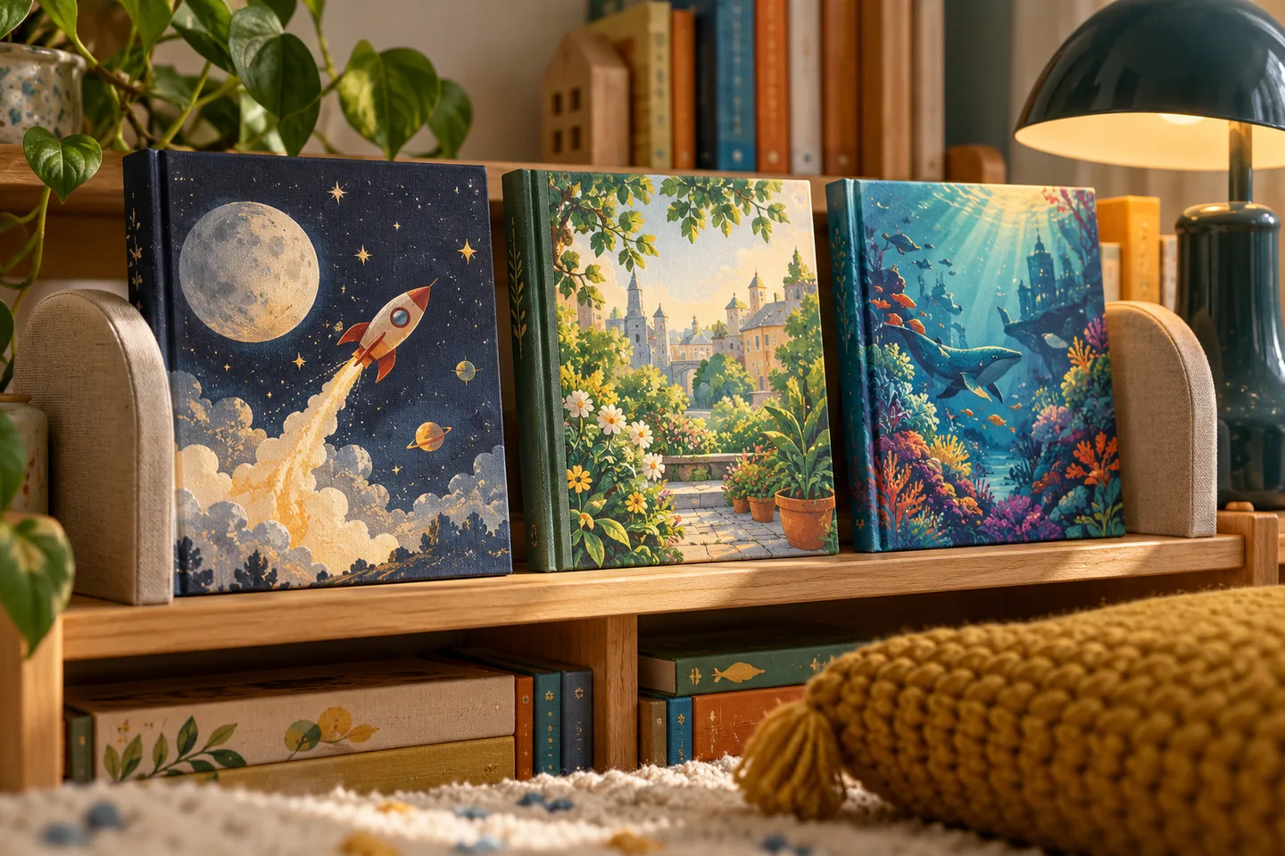 Three picture books with space, garden, and ocean covers beside a reading lamp, with no people.