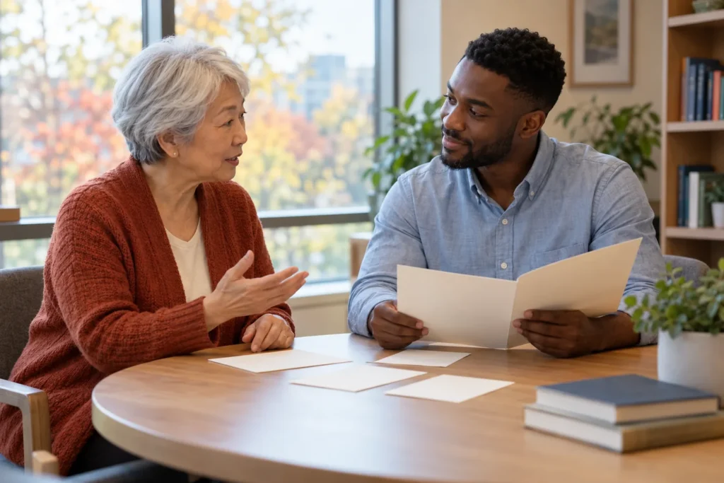 Two adults discuss planned giving questions while reviewing a folder at a community-center table.