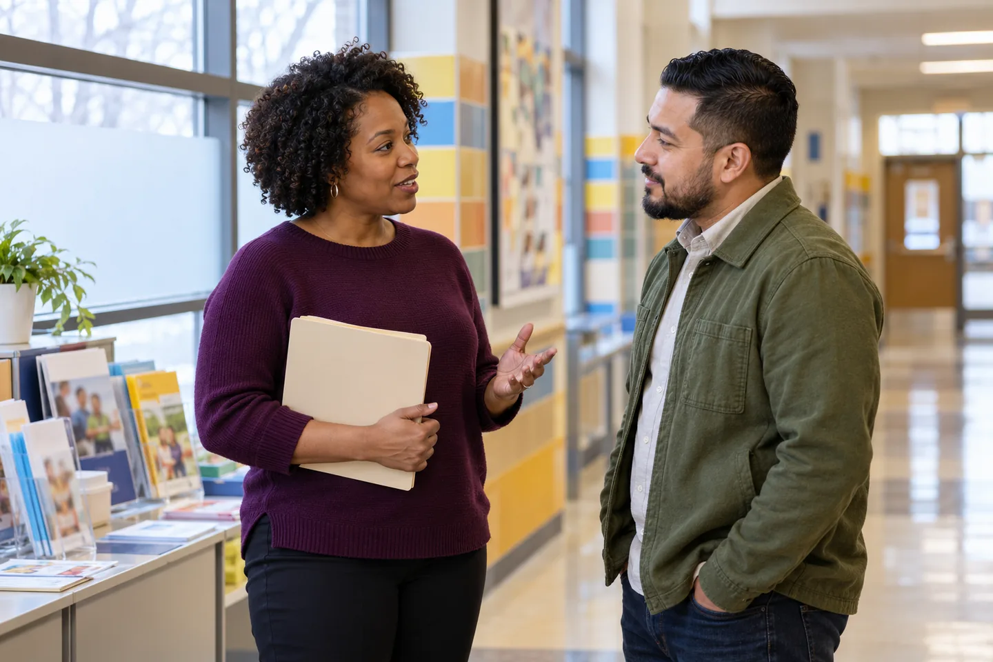 Two adults discuss school community partnerships beside a family resource station in a school hallway.